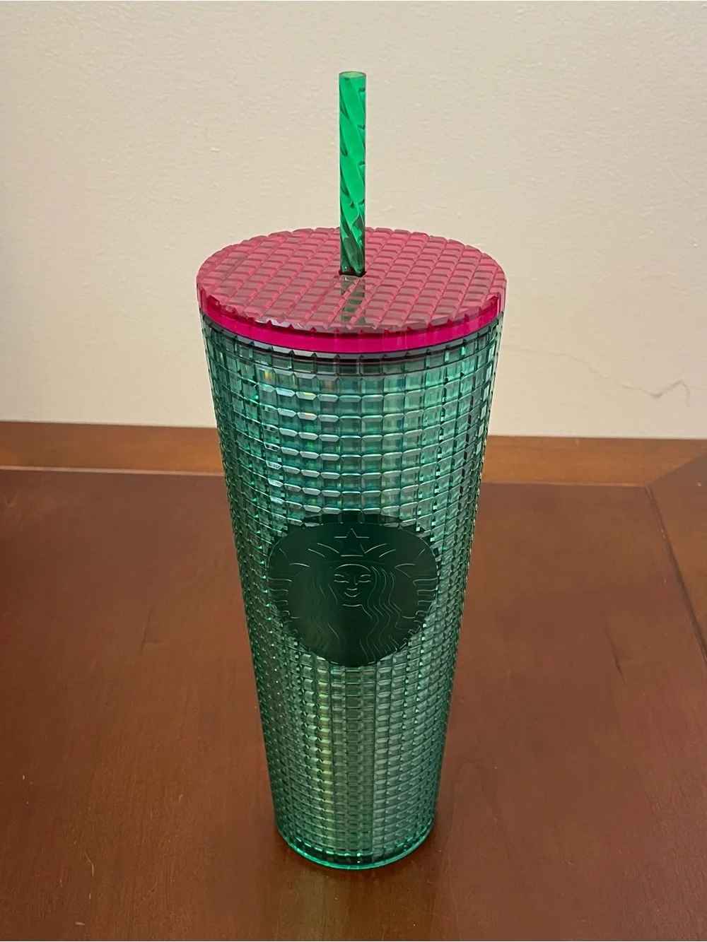 NEW STARBUCKS WATERMELON GREEN PINK GRID STUDDED COLD CUP Travel Tumbler 24 oz